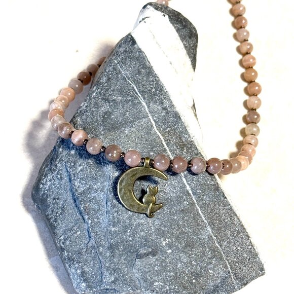 Peach Moonstone Bronze Cat on the Moon Necklace, Genuine Gemstone Beaded Choker - Picture 4 of 14